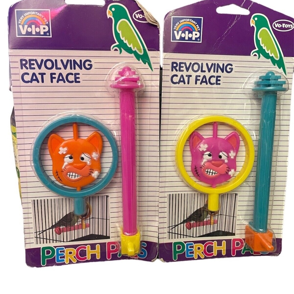 Lot of 2 - Vo-Toys Bird Perch Pal Revolving Spinning Plastic Cat Face Birds Toy